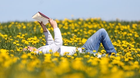 Ein Mann liegt in einer Wiese mit blühendem Löwenzahn in der Sonne und liest ein Buch. Wir haben die besten Bücher und Buchtipps für euch.