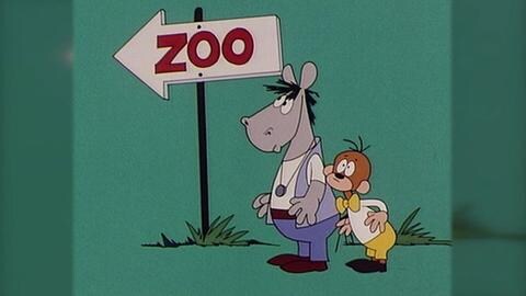 Zeichentrickfiguren Äffle und Pferdle vor einem Schild "Zoo"