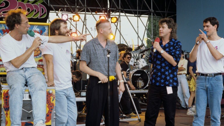 Günter Schneidewind, Matthias Holtmann, Stefan Siller, Thomas Schmidt und Uwe Wassermann bei der SDR3 Hitparade TOP 2000D im Jahr 1990