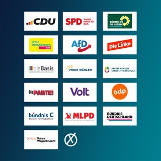 Diese Parteien stehen auf dem Stimmzettel zur Bundestagswahl: Parteilogos auf stehen in vierer Reihen auf eine blau-grünen Farbfläche