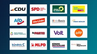 Diese Parteien stehen auf dem Stimmzettel zur Bundestagswahl: Parteilogos auf stehen in vierer Reihen auf eine blau-grünen Farbfläche