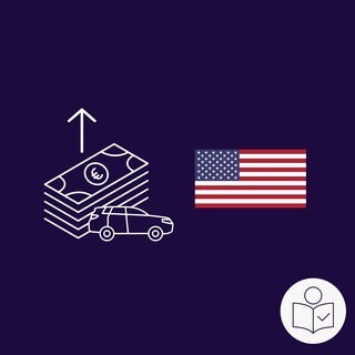 eine Zeichnung zum Thema Zölle: Links ein Auto und Euro-Scheine. Da drüber ein Pfeil nach oben. Rechts eine USA-Flagge. Rechts das SWR Logo für Leichte Sprache. 