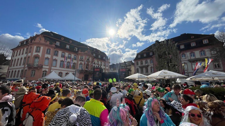 Das Bild ist am Eingang zum Schillerplatz entstanden. Man sieht Menschen, die als Einhörner, Zebras oder Kapitäne verkleidet.