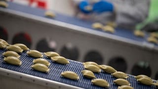 Maultaschen auf einem Laufband (Symbolbild). Bei der Firma Bürger in Crailsheim wird die Produktion vor Ostern hoch geschraubt. Die Nachfrage ist enorm. 