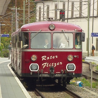Der Schienenbus "Roter Flitzer" fährt in einem Bahnhof ein.