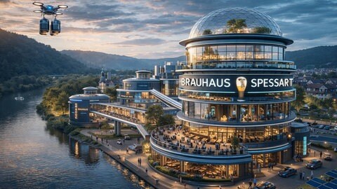 Das Brauhaus Spessart als Zukunftsvision. Das KI-generierte Foto des Unternehmens lässt die große Aufbruchsstimmung erahnen.