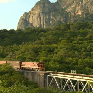 Ein Güterzug fährt über eine Brücke