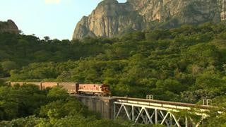 Ein Güterzug fährt über eine Brücke