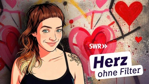 Gezeichnete Frau mit schwarzem Oberteil blauen Aaugen lächelnd vor Graffitihintergrund, Schriftzug Herz ohne FIlter SWR Logo