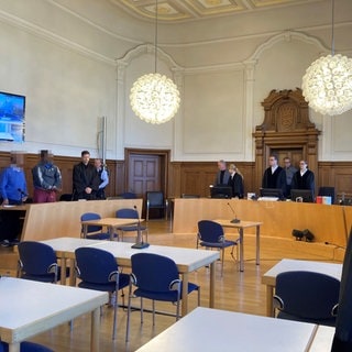 Im Gerichtssaal. Der Angeklagte in der Mitte hat sich erhoben. Links von ihm im blauen Pullover steht ein Dolmetscher, auf der anderen Seite der Verteidiger. Dem Angeklagten wird vorgeworfen, zwei Frauen mit einem Metallpoller in Horb am Neckar (Kreis Freudenstadt) angegriffen zu haben.  Dem Angeklagten wird vorgeworfen, zwei Frauen mit einem Metallpoller in Horb am Neckar (Kreis Freudenstadt) angegriffen zu haben. 