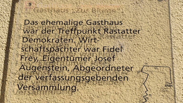 Badische Revolution 1848: In Rastatt befinden sich Plaketten an einigen historischen Häusern. Zum Gasthaus "Zur Blume" heißt es: "Das ehemalige Gasthaus war der Treffpunkt Rastatter Demokraten. Wirtschaftspächter war Fidel Frey, Eigentümer Josef Augenstein, Abgeordneter der verfassungsgebenden Versammlung."
