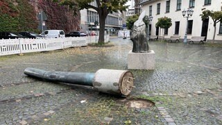 Eine Säule, die aus der Verankerung gerissen wurde, liegt auf einem Platz. Ein Lkw-Fahrer aus Bingen hat die Säule beim Rangieren auf dem Bischofsplatz in Mainz übersehen. 