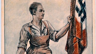 Propagandaplakat zum 1. Mai, dem "Tag der Nationalen Arbeit": Ein Mann hält in der rechten Hand einen Hammer, der auf einem Amboss liegt, mit der linken eine Hakenkreuzfahne (Illustration, um 1935)