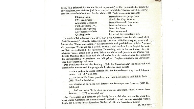 K. H. Baer: "Club der Stereofreunde" 100 mal im 2. Hörfunkprogramm. In: Technische Blätter, 11971, S. 3f.