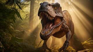 Ein Tyrannosaurus Rex zeigt seine Zähne in einem prähistorischen Wald mit üppiger Vegetation, Farnen und Sonnenlicht.