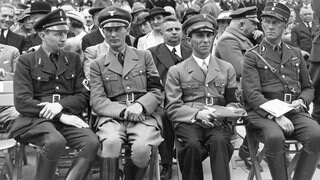 Eröffnung der "Großen Deutschen Funkausstellung" am Kaiserdamm in Berlin. V.l.n.r.: Eugen Hadamovsky, Horst Dreßler-Andreß, Joseph Goebbels und Julius Lippert