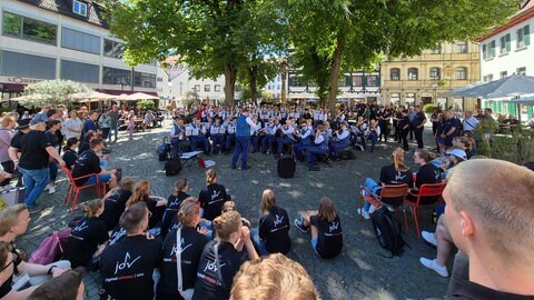 Der Musikverein Verl bei seinem Open-Air-Konzert während des Deutschen Musikfestes unter mehreren Linden auf dem Ulmer Judenhof.