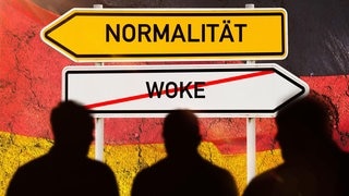 Fotomontage, Wegweiser mit Normalität und durchgestrichenem Woke vor Deutschlandflagge und Bürger-Silhouetten. 