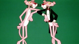Ein gezeichneter pinker Panther, einmal im Anzug, einmal unbekleidet