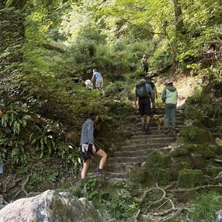 Menschen wandern eine Steintreppe hoch zum Wasserfall in Bad Urach