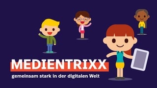 Medientrixx - vier Kinder comicartig vor blauem Hintergrund
