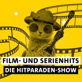 Kätzchen mit Cowboyhut und Balaleika mit Filmstreifen im Hintergrund und dem Schriftzug "Film- und Serienhits Die Hitparaden-Show"