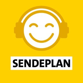 Ein gelbes Lach-Emoji mit einem Kopfhörer, darunter das Wort Sendeplan auf gelbem Hintergrund.