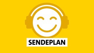 Ein gelbes Lach-Emoji mit einem Kopfhörer, darunter das Wort Sendeplan auf gelbem Hintergrund.