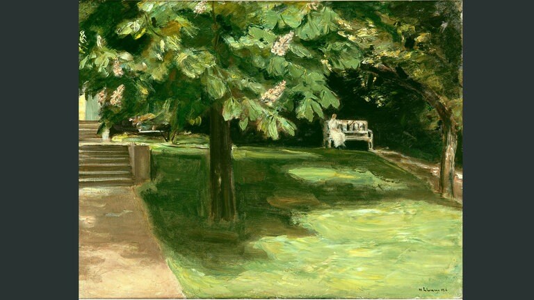 Max Liebermann, Gartenbank unter dem Kastanienbaum – Blühende Kastanien, 1916