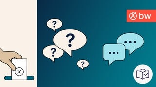 Zeichnung: In der Mitte ist das  Thema „Fragen und Antworten zur Kommunal•wahl“ bebildert: Man sieht Sprech•blasen mit Fragezeichen als Zeichen für Fragen. Und Sprech•blasen mit drei Punkten als Zeichen für Antworten. Dazu gibt es noch das SWR-Zeichen für Wahlen: Eine Hand steckt einen Wahl•zettel in eine Wahl•box. ahlen. Und es gibt das SWR-Zeichen für Wahlen in Baden-Württemberg: Es ist ein roter Kasten. Darin ist ein weißer Kreis mit einem Kreuz darin. Daneben stehen die Buchstaben BW. BW ist die Abkürzung für Baden-Württemberg. Und es gibt das SWR-Zeichen für Leichte Sprache: Es ist ein weißer Kreis mit blauer Zeichnung. Darin ist ein Kopf hinter einem Buch. Auf dem Buch ist ein Häkchen. 