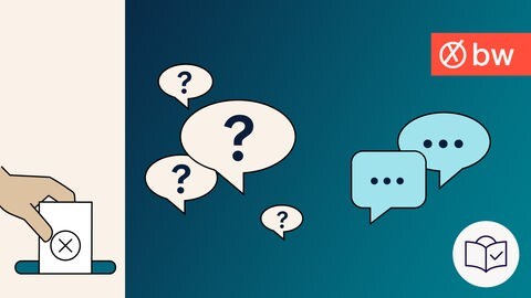 Zeichnung: In der Mitte ist das  Thema „Fragen und Antworten zur Kommunal•wahl“ bebildert: Man sieht Sprech•blasen mit Fragezeichen als Zeichen für Fragen. Und Sprech•blasen mit drei Punkten als Zeichen für Antworten. Dazu gibt es noch das SWR-Zeichen für Wahlen: Eine Hand steckt einen Wahl•zettel in eine Wahl•box. ahlen. Und es gibt das SWR-Zeichen für Wahlen in Baden-Württemberg: Es ist ein roter Kasten. Darin ist ein weißer Kreis mit einem Kreuz darin. Daneben stehen die Buchstaben BW. BW ist die Abkürzung für Baden-Württemberg. Und es gibt das SWR-Zeichen für Leichte Sprache: Es ist ein weißer Kreis mit blauer Zeichnung. Darin ist ein Kopf hinter einem Buch. Auf dem Buch ist ein Häkchen. 