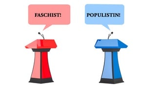 Rotes und blaues Rednerpult, darüber in Sprechblasen die Beschimpfungen "Faschist!" und "Populistin!" (Grafik): Soche Begriffe helfen beim Einordnen, vereinfachen aber oft zu stark.