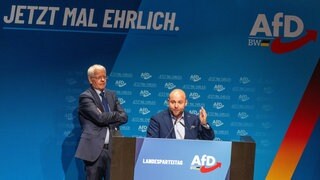 Markus Frohnmaier (AfD, r), Landesvorsitzender Baden-Württemberg, und Emil Sänze (AfD), Landesvorsitzender Baden-Württemberg, sind im Congress Centrum beim AfD-Landesparteitag auf der Bühne.