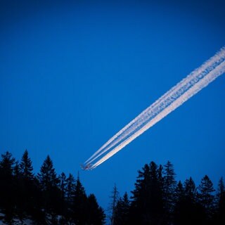 Darum lassen Flugzeuge Kerosin über dem Pfälzerwald ab. Flugzeug mit Kondensstreifen fliegt niedrig über Wald.