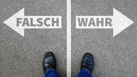 Wegweiser in Richtung "Falsch" und "Wahr" auf einer Straße