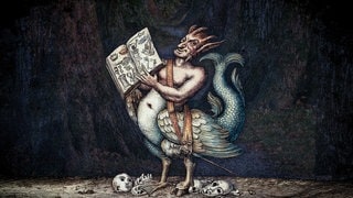 Historische Illustration der Simplicissimus-Figur: ein fantastisches Mischwesen mit menschlichem Oberkörper, Vogelkörper und Fischschwanz hält ein aufgeschlagenes Buch in den Händen. Die Figur steht vor einem dunklen Waldweg und ist von Schädeln umgeben. 