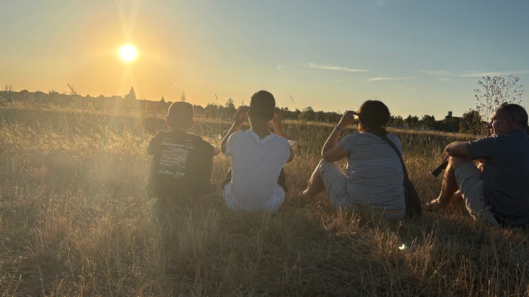 Vier Menschen sitzen mit dem Rücken zur Kamera auf einem Feld - vor ihnen die Sonne am Horizont.