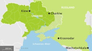 Karte: Ukraine und Russland, hell schraffiert: von Russland besetzte Gebiete.