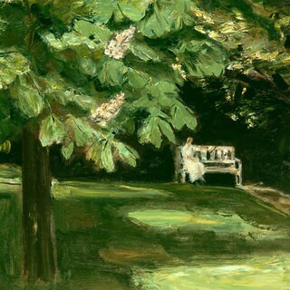 Max Liebermann, Gartenbank unter dem Kastanienbaum – Blühende Kastanien, 1916.