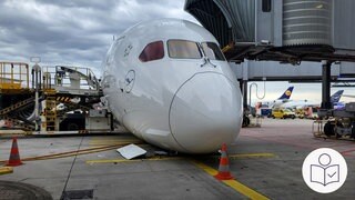 Ein Flugzeug von der Firma Lufthansa. Die Nase von dem Flugzeug ist auf dem Boden. Rechts das SWR Logo für Leichte Sprache. 