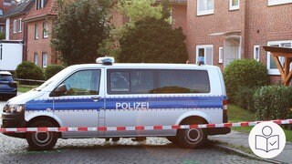 Wohnhäuser mit einem Polizeiauto davor. Vor dem Auto ein rot-weißes Absperrband. Rechts das SWR Logo für Leichte Sprache.