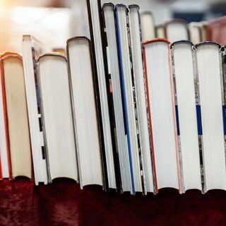Row of old aged books at flea market