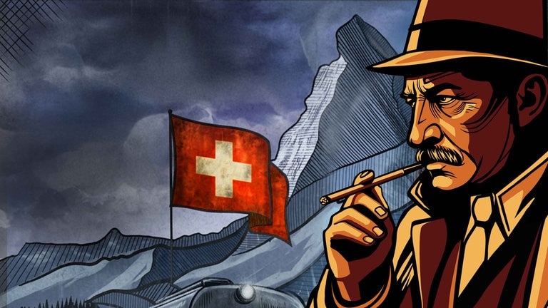 Wachtmeister Studer - Ein älterer Mann mit Zigarette blickt in Mantel und Trenchcoat und Hut nach links, im Hintergrund eine Eisenbahn, die Schweizer Flagge und das Matterhorn.