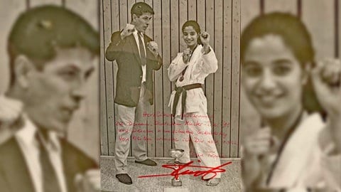 SWR1 Neuanfang: So wurde Mey Alasadi vom Mobbing Opfer zur Karate Meisterin - Stärke und Erfolgserlebnisse statt Mobbing und Gewalt: Ein Erinnerungsfoto an den Karate Meistertitel 1991, inklusive Glückwünschen des Trainers zu Meys 19. Geburtstag