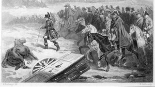 Während des Rückzugs aus Moskau streckt Napoleon seine Beine aus und führt die Garde Imperiale zu Fuß Datum: 1812