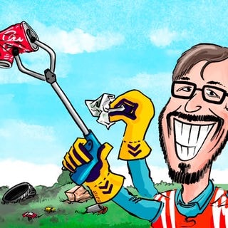 Cartoon von SWR1 Moderator Ingo Lege mit Besen beim Müll sammeln und entsorgen im Rahmen der SWR1 Dreck weg-Woche!