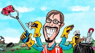 Cartoon von SWR1 Moderator Ingo Lege mit Besen beim Müll sammeln und entsorgen im Rahmen der SWR1 Dreck weg-Woche!