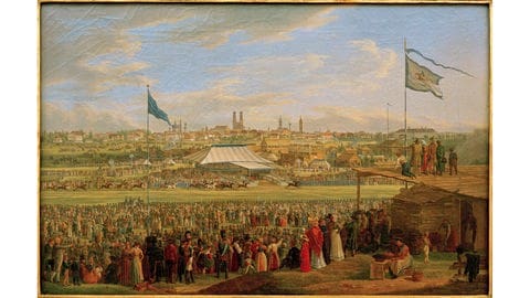 Heinrich Adam (1787 - 1862): Das Oktoberfest vom Jahre 1823: Pferderennen auf der Theresienwiese. München, 1824. Öl auf Leinwand, 39 × 60 cm. Staatl. Schlösser und Gärten München