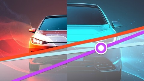 Ein E-Auto und Verbrenner stehen sich gegenüber