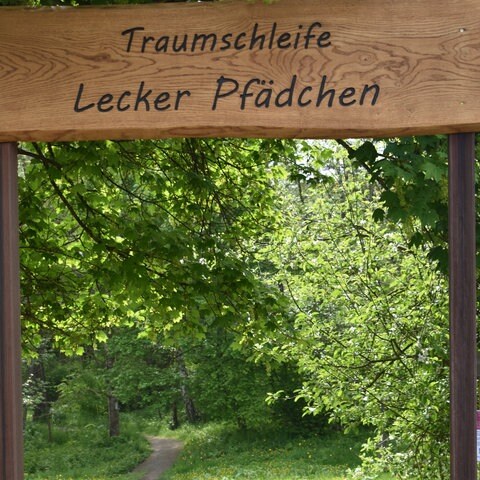 Ein Tor mit zwei schmalen Pfosten rechts und links und einem Schild mit der Aufschrift "Traumschleife Lecker Pfädchen" vor einem Weg durch grüne Wiese und zwischen Bäumen